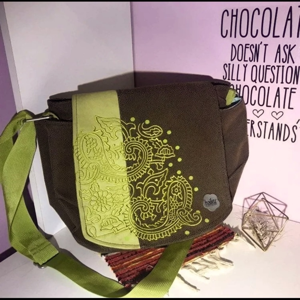 Green Embroidered Haiku Crossbody Messenger Bag